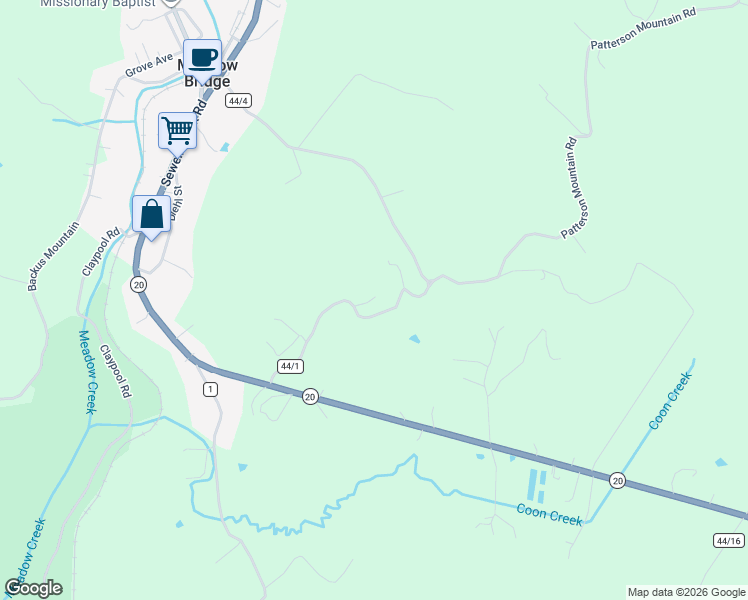 map of restaurants, bars, coffee shops, grocery stores, and more near 383 Coon Creek Road in Meadow Bridge