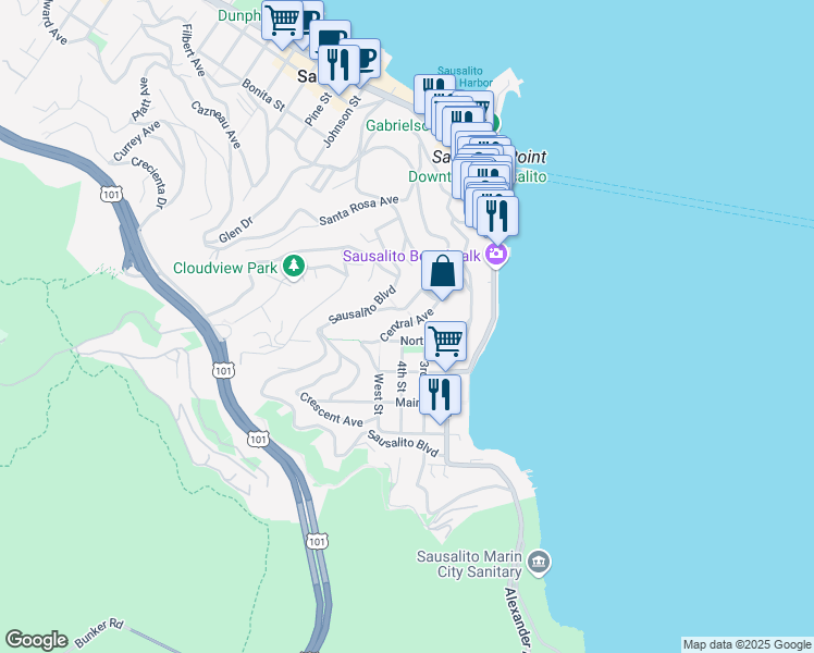 map of restaurants, bars, coffee shops, grocery stores, and more near 416 North Street in Sausalito