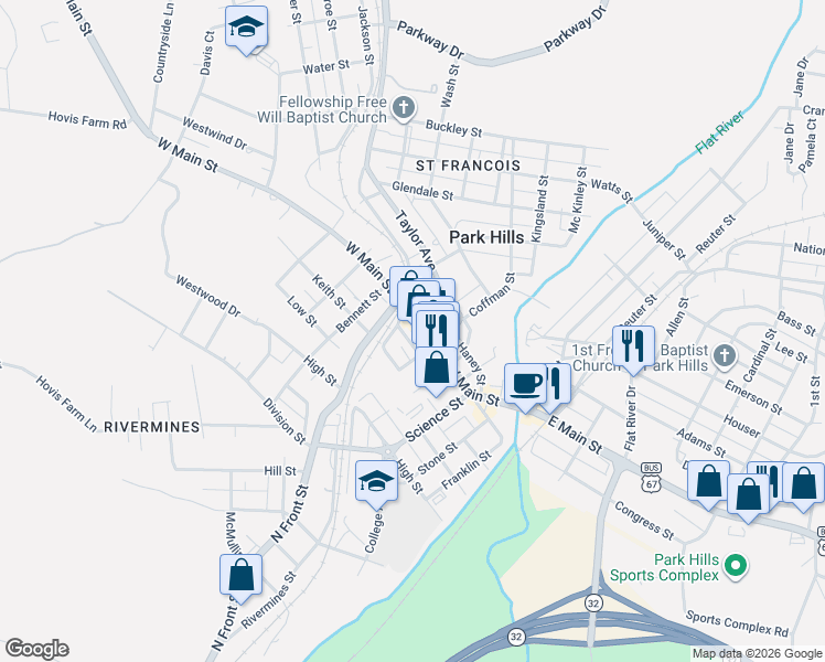 map of restaurants, bars, coffee shops, grocery stores, and more near 331 West Main Street in Park Hills