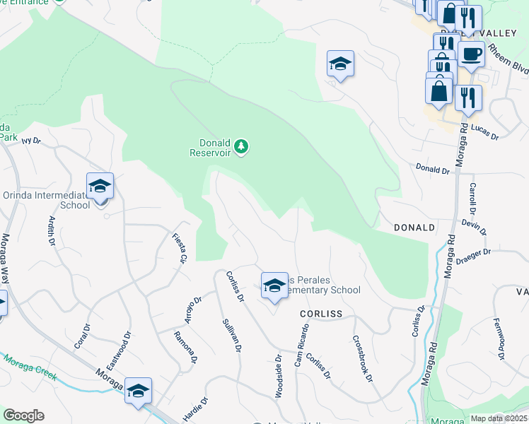 map of restaurants, bars, coffee shops, grocery stores, and more near 51 Ashbrook Place in Moraga