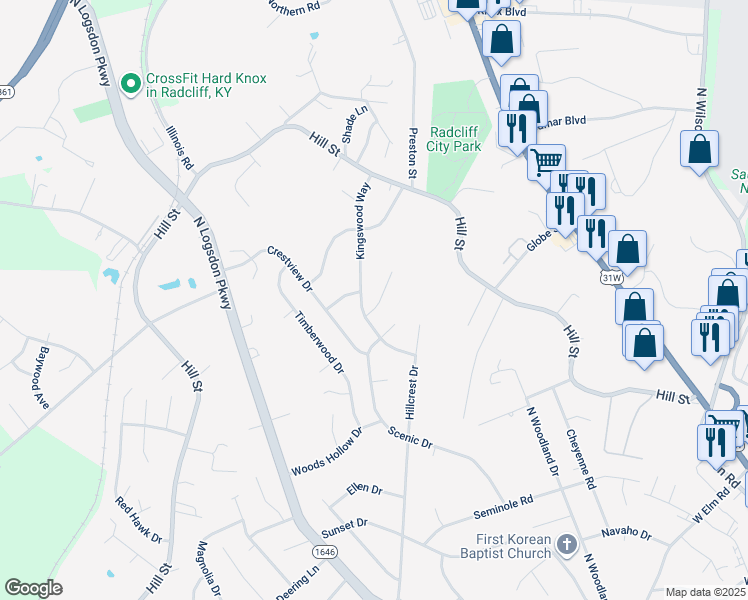 map of restaurants, bars, coffee shops, grocery stores, and more near 1120 Scenic Drive in Radcliff