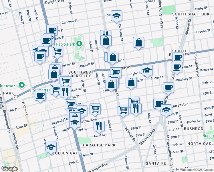 map of restaurants, bars, coffee shops, grocery stores, and more near 3053 Dohr Street in Berkeley