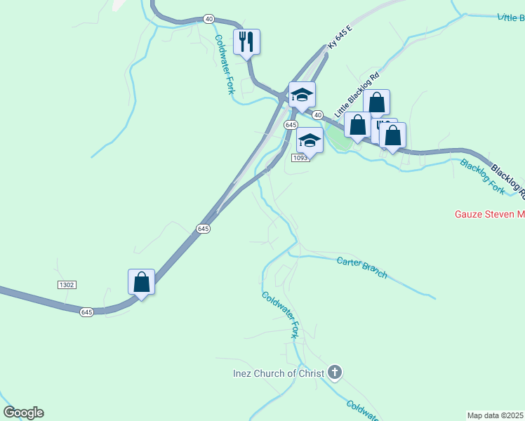 map of restaurants, bars, coffee shops, grocery stores, and more near Mary Drive in Inez