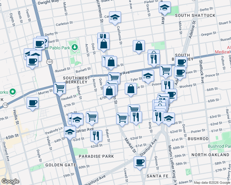 map of restaurants, bars, coffee shops, grocery stores, and more near 3101 Sacramento Street in Berkeley