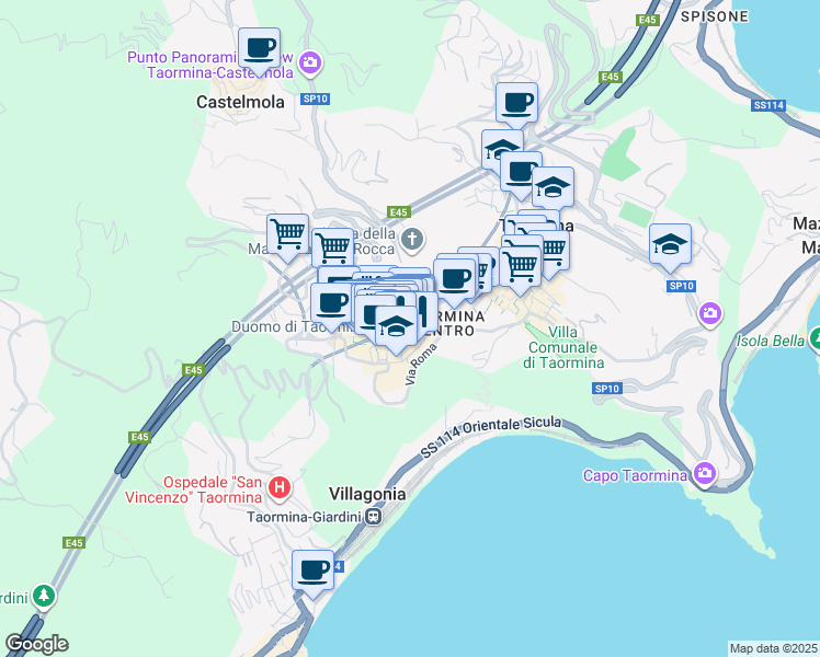 map of restaurants, bars, coffee shops, grocery stores, and more near 2A Salita Alexander Humboldt in Taormina