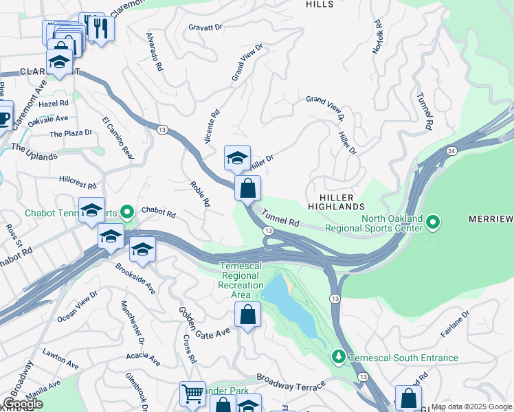 map of restaurants, bars, coffee shops, grocery stores, and more near Tunnel Road & Hiller Drive in Oakland