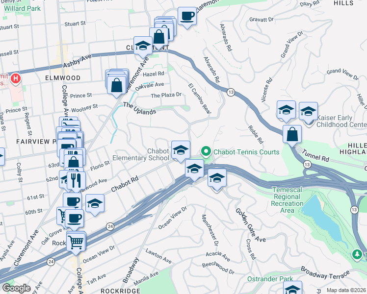 map of restaurants, bars, coffee shops, grocery stores, and more near 6729 Chabot Road in Oakland