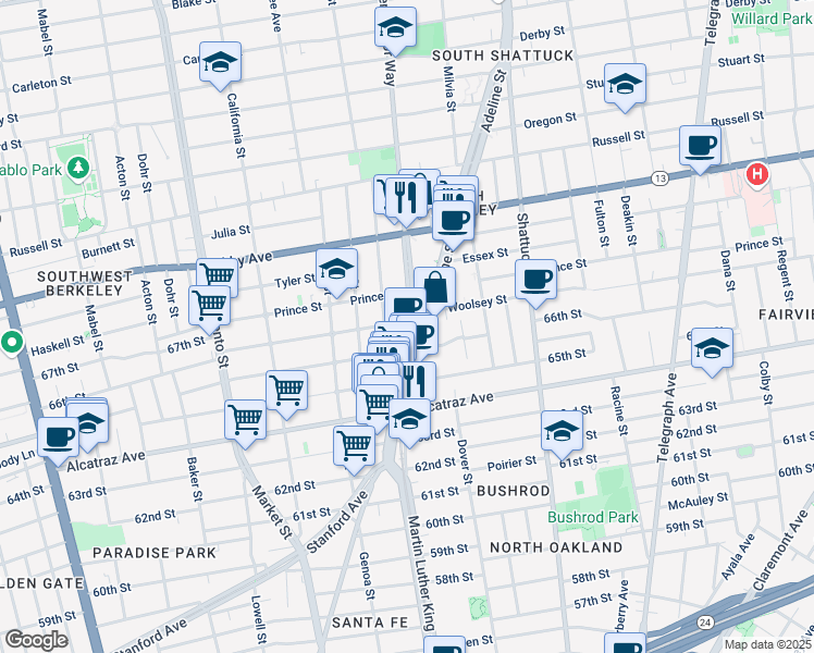 map of restaurants, bars, coffee shops, grocery stores, and more near 3140 Martin Luther King Junior Way in Berkeley
