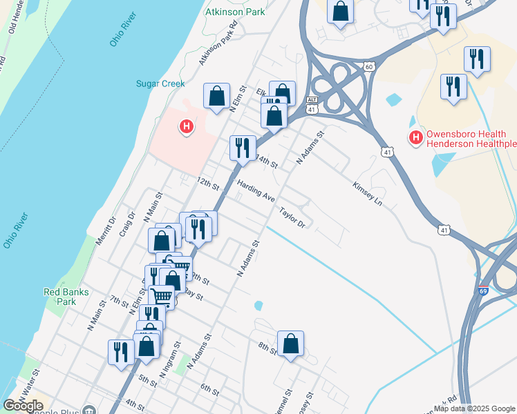 map of restaurants, bars, coffee shops, grocery stores, and more near 1201-1271 North Adams Street in Henderson