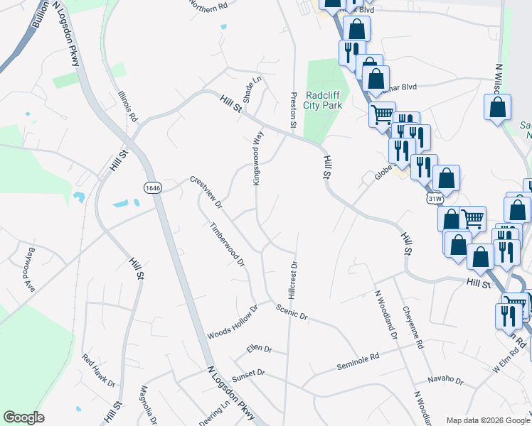 map of restaurants, bars, coffee shops, grocery stores, and more near 1120 Scenic Drive in Radcliff