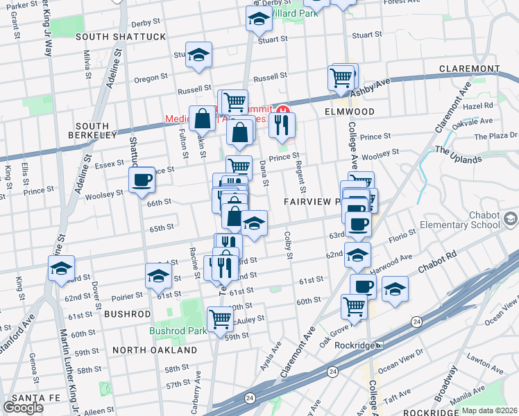 map of restaurants, bars, coffee shops, grocery stores, and more near 442 65th Street in Oakland