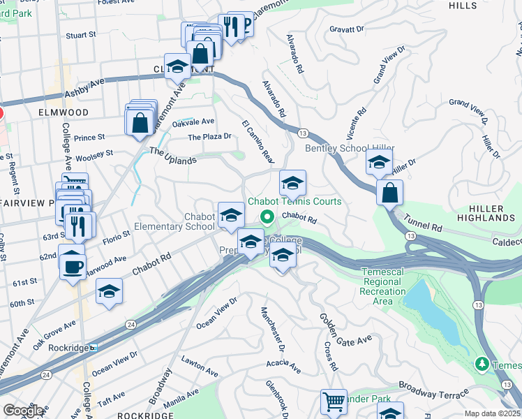 map of restaurants, bars, coffee shops, grocery stores, and more near 33 Reata Place in Oakland