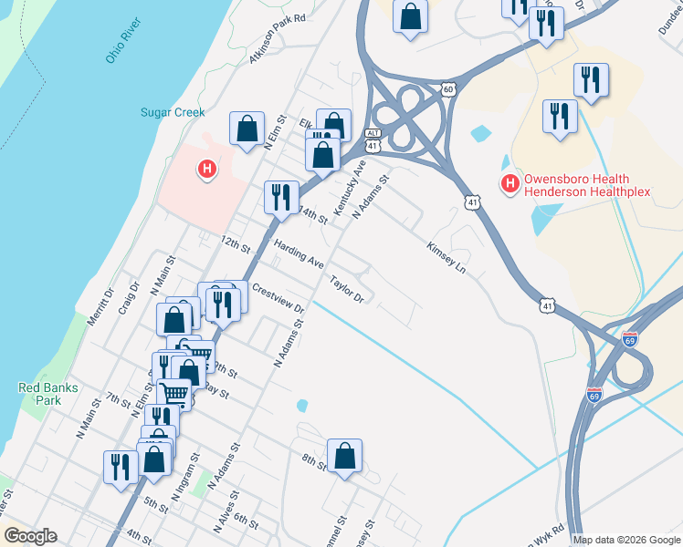 map of restaurants, bars, coffee shops, grocery stores, and more near 621 Taylor Drive in Henderson