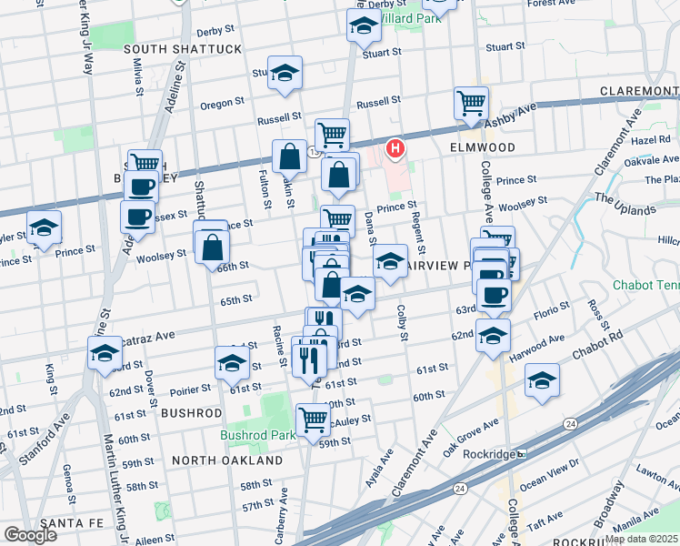 map of restaurants, bars, coffee shops, grocery stores, and more near in Oakland