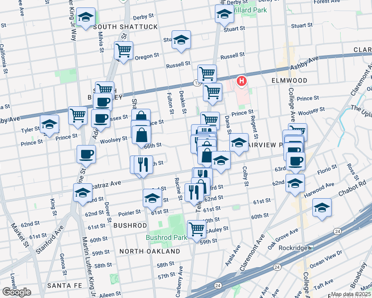 map of restaurants, bars, coffee shops, grocery stores, and more near 6441 Irwin Court in Oakland