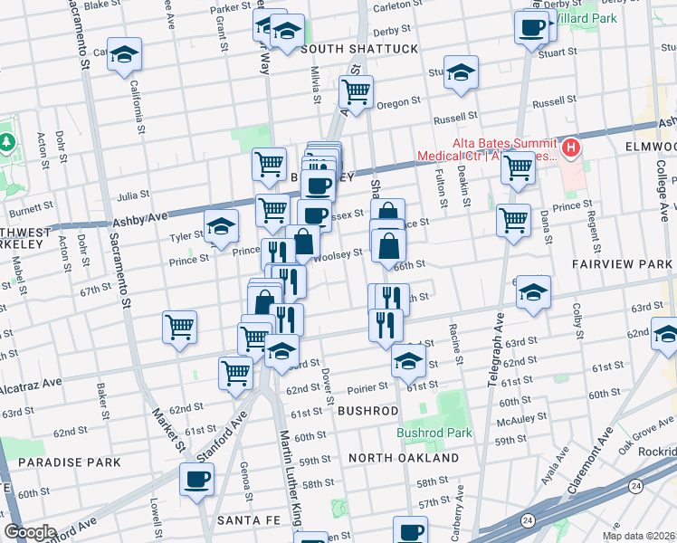map of restaurants, bars, coffee shops, grocery stores, and more near 6547 Tremont Street in Oakland