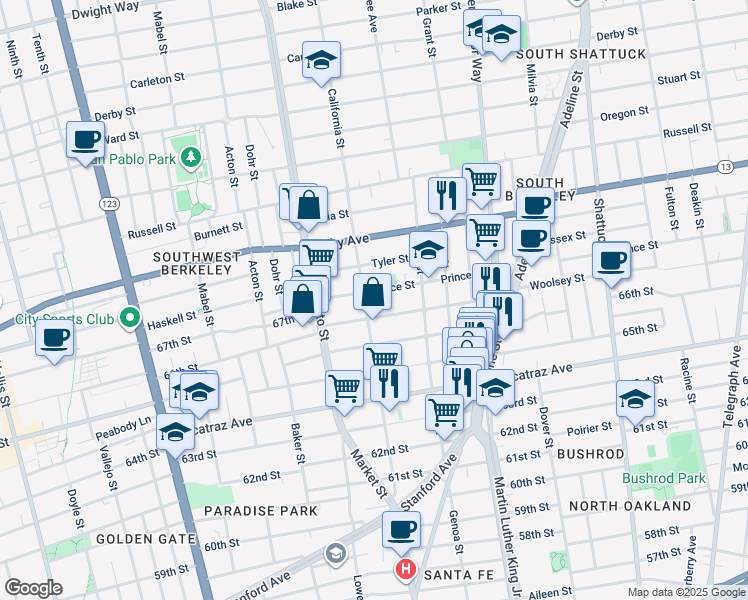 map of restaurants, bars, coffee shops, grocery stores, and more near 1617 Woolsey Street in Berkeley