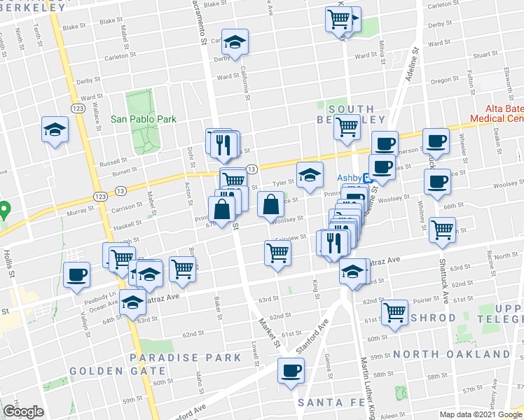 map of restaurants, bars, coffee shops, grocery stores, and more near 1533 Woolsey Street in Berkeley