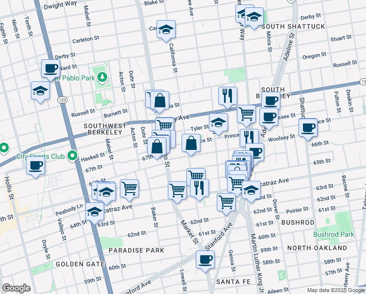 map of restaurants, bars, coffee shops, grocery stores, and more near 1533 Woolsey Street in Berkeley
