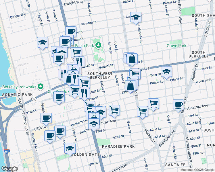 map of restaurants, bars, coffee shops, grocery stores, and more near 1304 Haskell Street in Berkeley