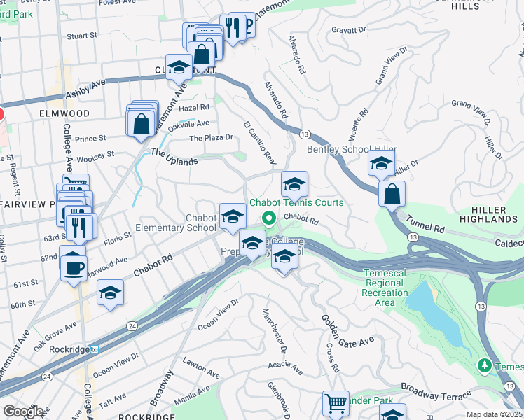 map of restaurants, bars, coffee shops, grocery stores, and more near 33 Reata Place in Oakland