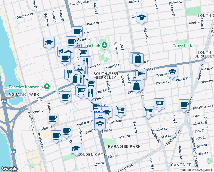 map of restaurants, bars, coffee shops, grocery stores, and more near 3032 Mabel Street in Berkeley