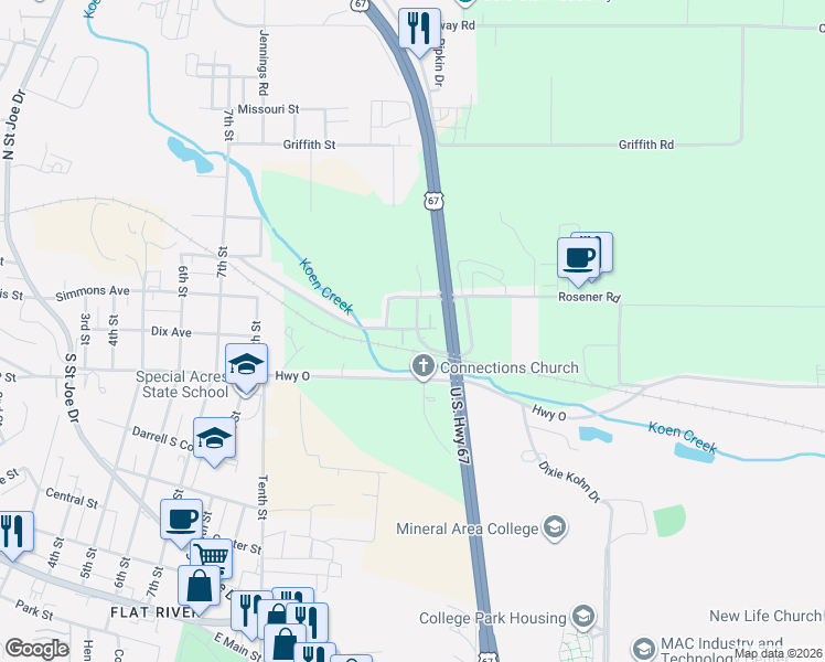 map of restaurants, bars, coffee shops, grocery stores, and more near 3326 Commerce Street in Park Hills
