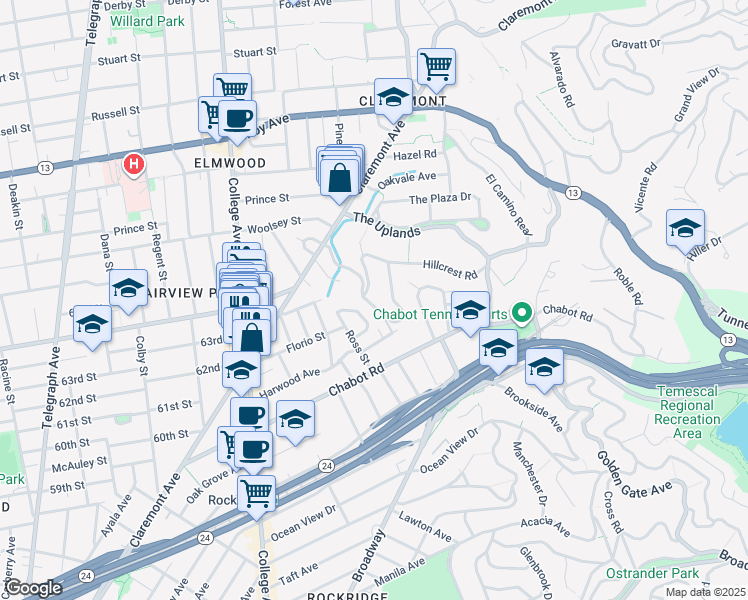 map of restaurants, bars, coffee shops, grocery stores, and more near 99 Eucalyptus Road in Berkeley