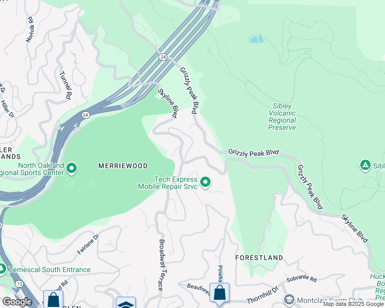 map of restaurants, bars, coffee shops, grocery stores, and more near 6118 Skyline Boulevard in Oakland