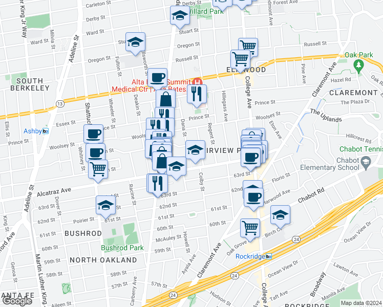 map of restaurants, bars, coffee shops, grocery stores, and more near 6508 Dana Street in Oakland