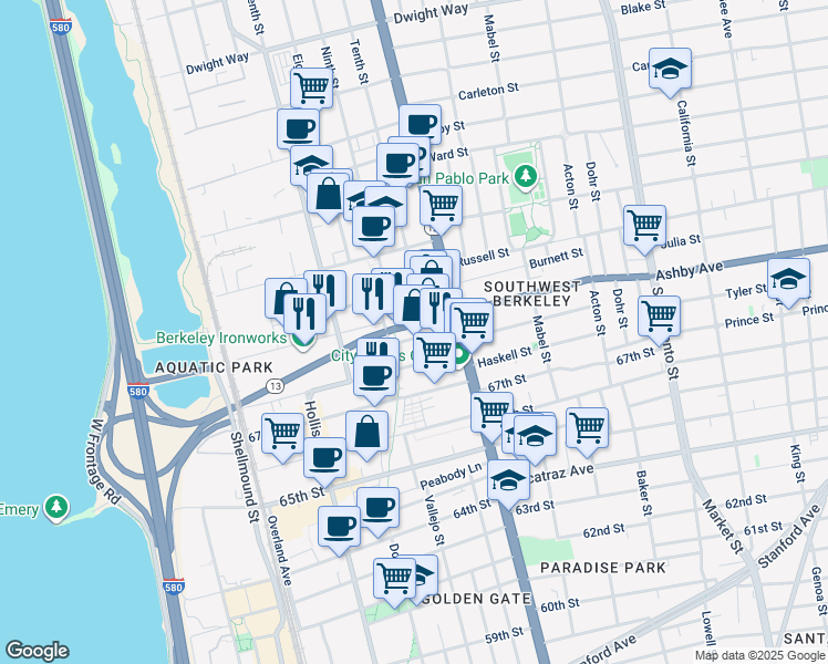 map of restaurants, bars, coffee shops, grocery stores, and more near 1000 Murray Street in Berkeley
