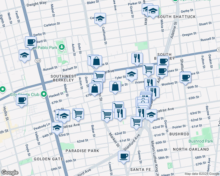 map of restaurants, bars, coffee shops, grocery stores, and more near 1533 Woolsey Street in Berkeley