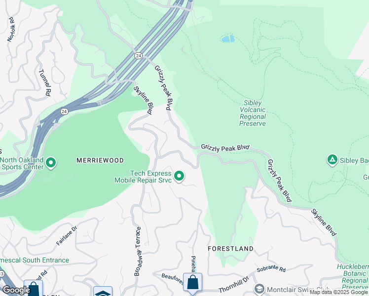 map of restaurants, bars, coffee shops, grocery stores, and more near 6085 Grizzly Peak Boulevard in Oakland