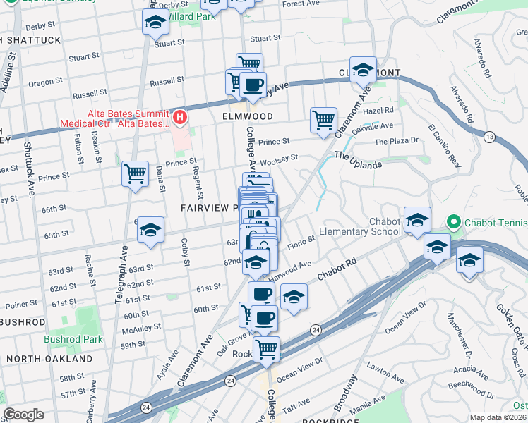 map of restaurants, bars, coffee shops, grocery stores, and more near 6201 Claremont Avenue in Oakland