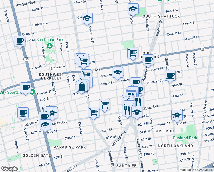 map of restaurants, bars, coffee shops, grocery stores, and more near 1617 Woolsey Street in Berkeley