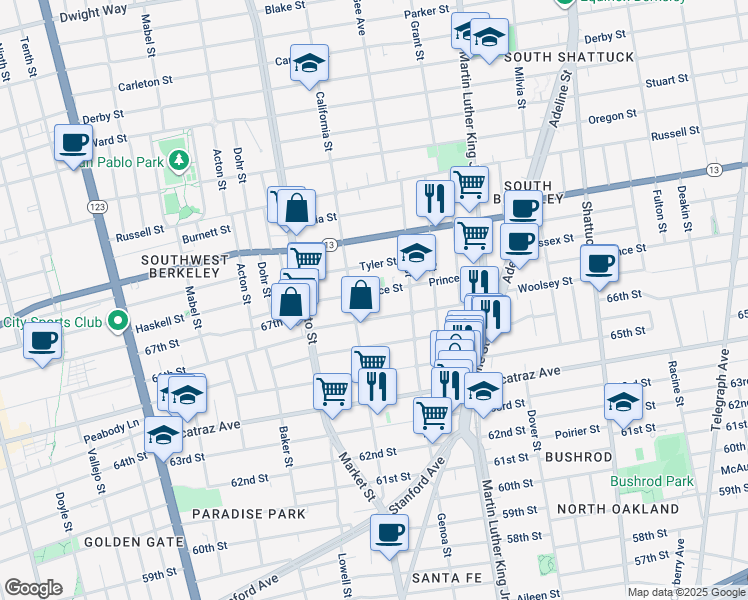 map of restaurants, bars, coffee shops, grocery stores, and more near 1617 Woolsey Street in Berkeley