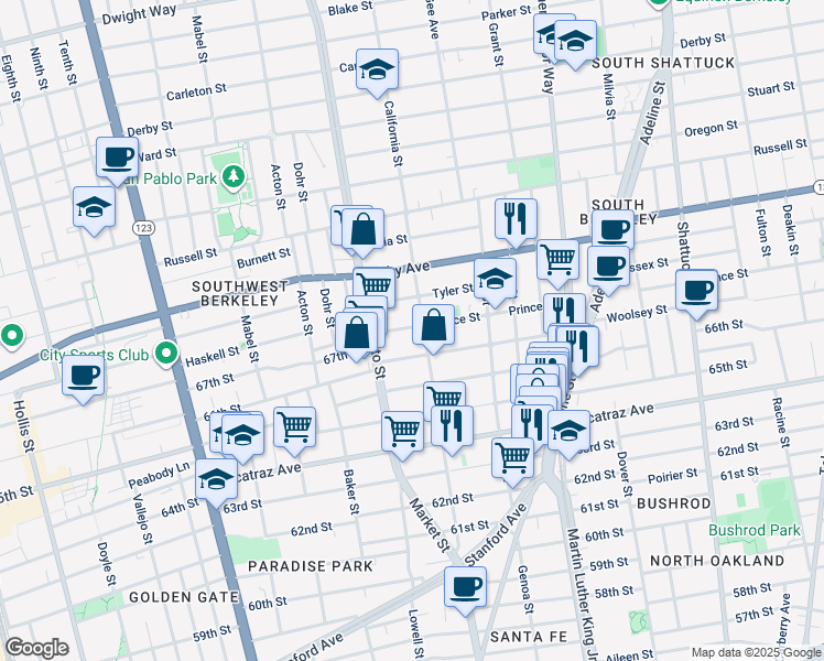 map of restaurants, bars, coffee shops, grocery stores, and more near 1533 Woolsey Street in Berkeley