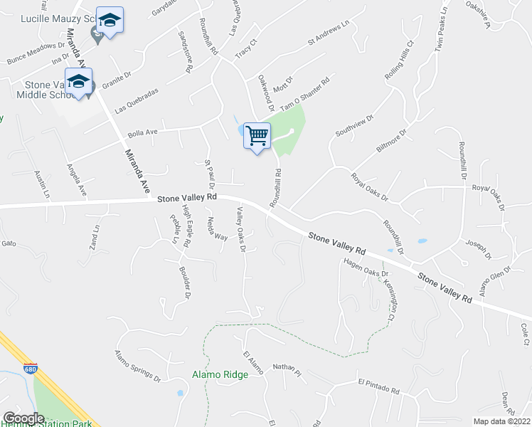 map of restaurants, bars, coffee shops, grocery stores, and more near 2243 Casa Maria Court in Alamo
