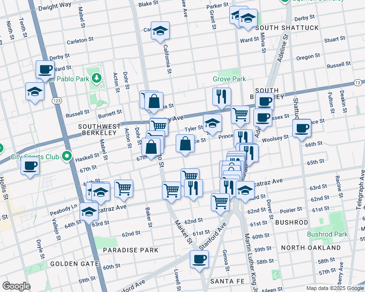 map of restaurants, bars, coffee shops, grocery stores, and more near 3105 California Street in Berkeley