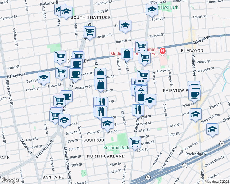 map of restaurants, bars, coffee shops, grocery stores, and more near 629 66th Street in Oakland