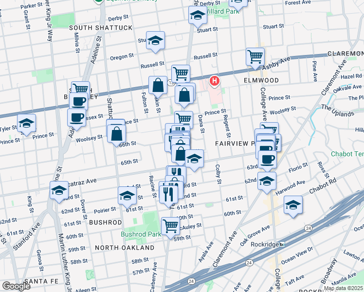 map of restaurants, bars, coffee shops, grocery stores, and more near in Oakland