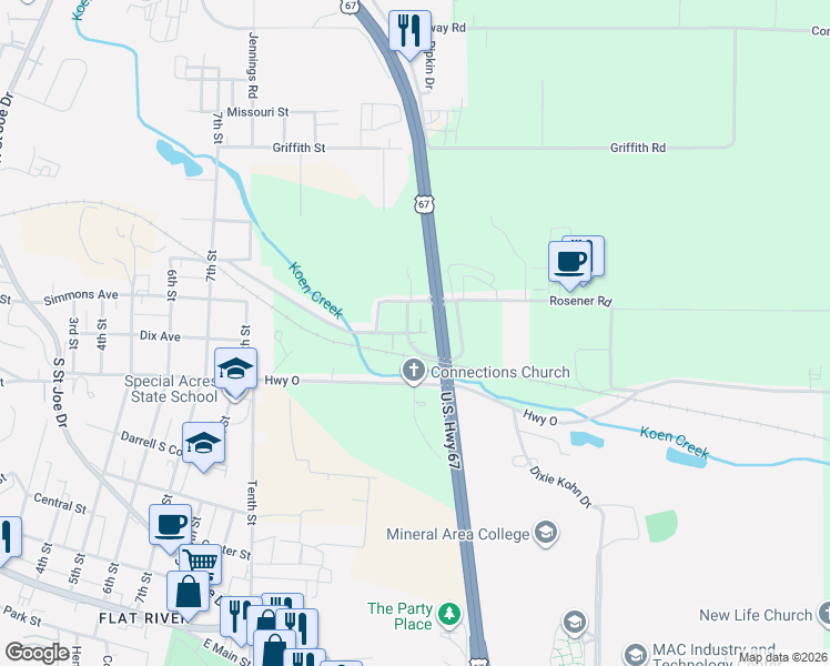 map of restaurants, bars, coffee shops, grocery stores, and more near 3326 Commerce Street in Park Hills