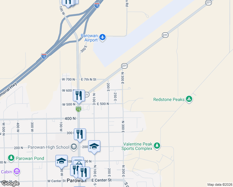 map of restaurants, bars, coffee shops, grocery stores, and more near 570 250 East in Parowan