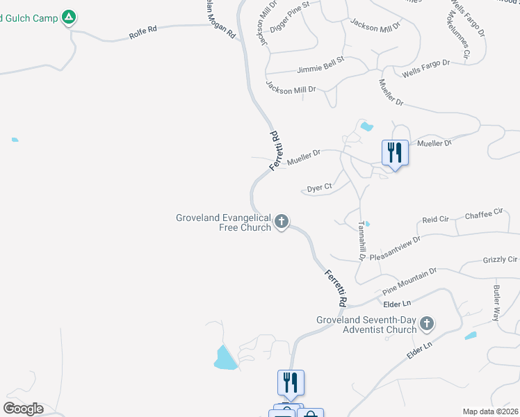 map of restaurants, bars, coffee shops, grocery stores, and more near 19200 Ferretti Rd in Groveland-Big Oak Flat