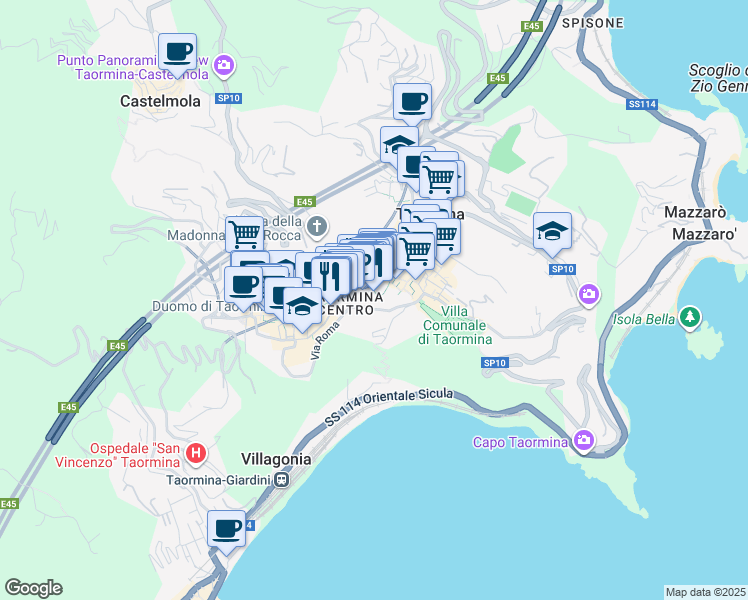 map of restaurants, bars, coffee shops, grocery stores, and more near Vico Teofane Cerameo in Taormina