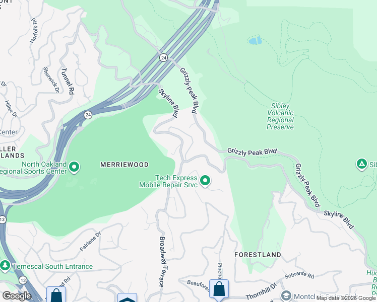 map of restaurants, bars, coffee shops, grocery stores, and more near 6108 Skyline Boulevard in Oakland