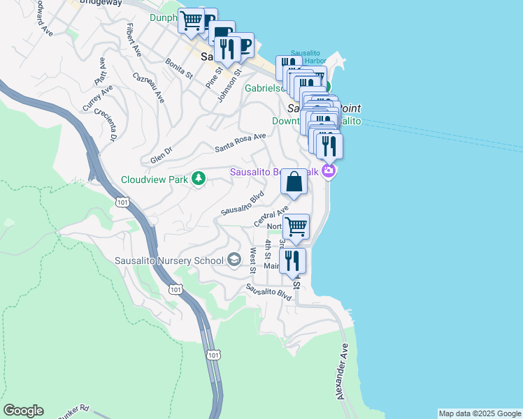 map of restaurants, bars, coffee shops, grocery stores, and more near 416 North Street in Sausalito