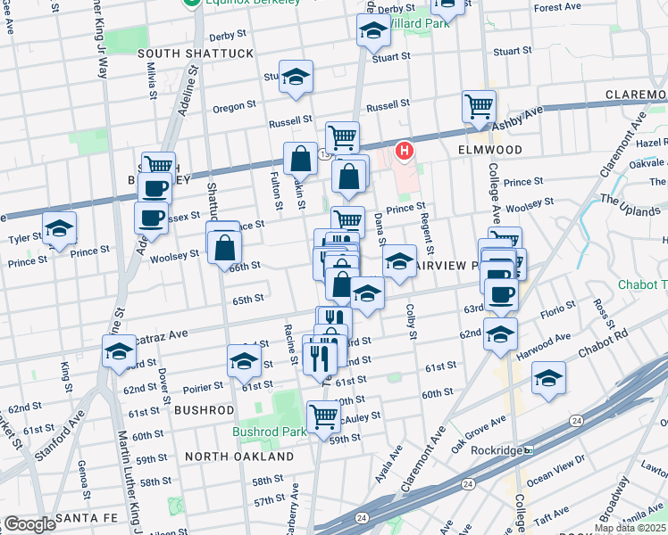 map of restaurants, bars, coffee shops, grocery stores, and more near in Oakland