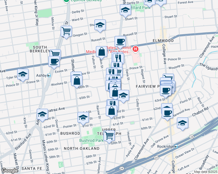 map of restaurants, bars, coffee shops, grocery stores, and more near in Oakland