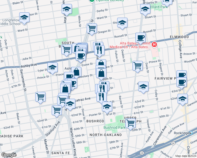 map of restaurants, bars, coffee shops, grocery stores, and more near 6534 Whitney Street in Oakland
